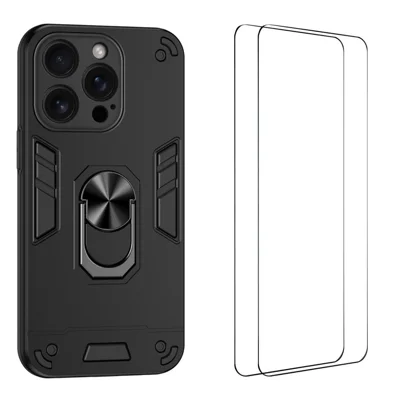 WANLONFENG für iPhone 16 Pro YS Series Hülle mit Ständer, stoßfester PC-TPU-Handy-Schutz mit 2 Stück Panzerglasfolie - Schwarz