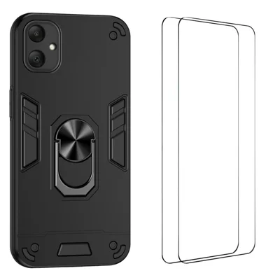 WANLONFENG for Samsung Galaxy A06 4G YS Series Case Kicktand Shockproof PC TPU Phone Cover with 2Pcs Tempered Glass Film - Black