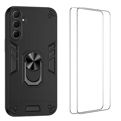 WANLONFENG pour Samsung Galaxy A26 5G YS Série Étui avec Support Anneau Pivotant Antichoc en PC TPU avec 2 Pièces de Film en Verre Trempé - Noir