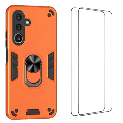 WANLONFENG für Samsung Galaxy A27 YS-Serie Hülle mit Ständer, stoßfest PC-TPU-Handyhülle mit 2 Stück Gehärtetem Glasfolie - Orange