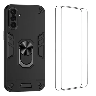 WANLONFENG pour Samsung Galaxy A36 5G YS Series Étui avec Support Anneau Pivotant Antichoc en Coque PC TPU avec 2 pièces Film en Verre Trempé - Noir