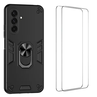WANLONFENG pour Samsung Galaxy A37 5G Série YS Étui avec Support Anneau Pivotant Antichoc en Coque PC TPU avec 2 Films en Verre Trempé - Noir