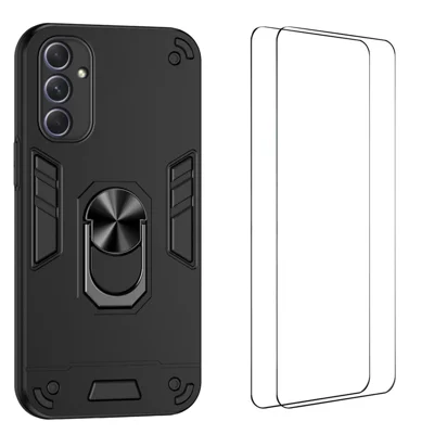  WANLONFENG for Samsung Galaxy A54 5G YS Series Case Kicktand Shockproof PC TPU Phone Cover with 2Pcs Tempered Glass Film - Black