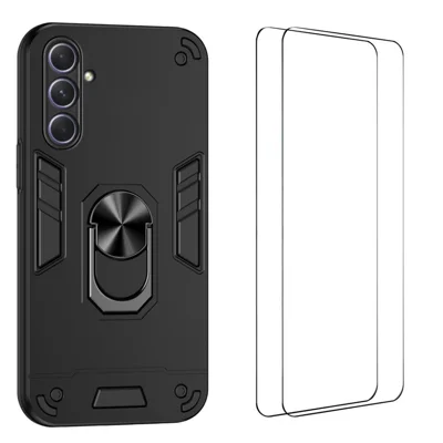  WANLONFENG for Samsung Galaxy A55 5G YS Series Case Kicktand Shockproof PC TPU Phone Cover with 2Pcs Tempered Glass Film - Black