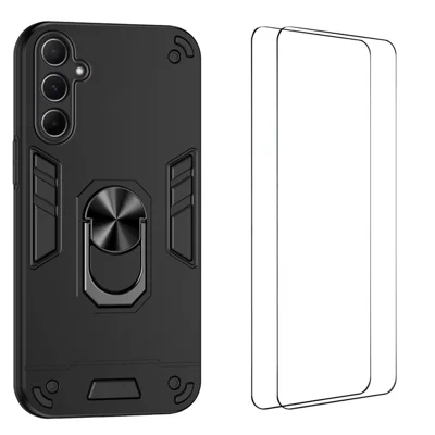 WANLONFENG pour Samsung Galaxy A56 5G YS Series Étui avec Support Anneau Pivotant Antichoc en PC TPU avec 2 Pièces de Film en Verre Trempé - Noir