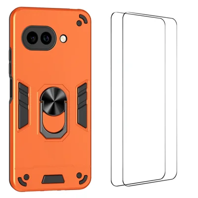  WANLONFENG for Google Pixel 9a YS Series Case Kicktand Shockproof PC TPU Phone Cover with 2Pcs Tempered Glass Film - Orange