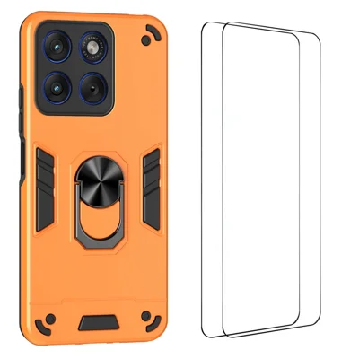  WANLONFENG для Motorola Moto X70 Air 5G / Motorola Edge 70 5G серии YS, чехол с подставкой, ударопрочный, из поликарбоната и ТПУ, с 2 плёнками закалённого стекла — оранжевый