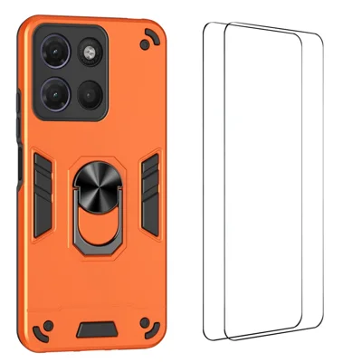  WANLONFENG for Motorola Moto G17 4G / Motorola Moto G15 4G / Motorola Moto G15 Power 4G / Motorola Moto G17 Power 4G YS Series Case Kicktand Shockproof PC TPU Phone Cover with 2Pcs Tempered Glass Film - Orange