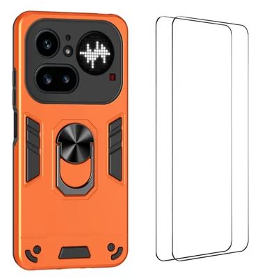 WANLONFENG for Nothing Phone (4a) Pro YS Series Case Kicktand Shockproof PC TPU Phone Cover with 2Pcs Tempered Glass Film - Orange