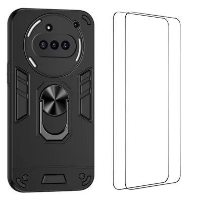  WANLONFENG for Nothing Phone (3a) YS Series Case Kicktand Shockproof PC TPU Phone Cover with 2Pcs Tempered Glass Film - Black