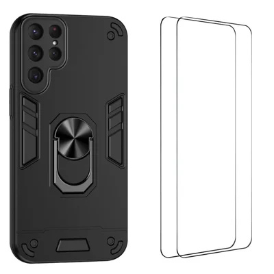  WANLONFENG for Samsung Galaxy S24 Ultra YS Series Case Kicktand Shockproof PC TPU Phone Cover with 2Pcs Tempered Glass Film - Black