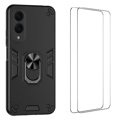  WANLONFENG for Samsung Galaxy S25 Edge YS Series Case Kicktand Shockproof PC TPU Phone Cover with 2Pcs Tempered Glass Film - Black