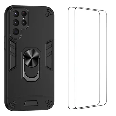  WANLONFENG for Samsung Galaxy S25 Ultra YS Series Case Kicktand Shockproof PC TPU Phone Cover with 2Pcs Tempered Glass Film - Black
