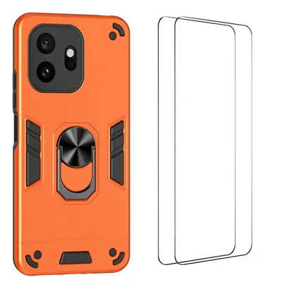  WANLONFENG para OnePlus 15T 5G Série YS Capa com Suporte de Anel Giratório à Prova de Choques PC TPU Capa para Telemóvel com 2 Unidades de Película de Vidro Temperado - Laranja