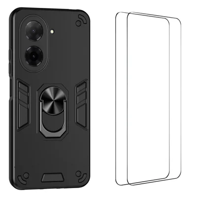 WANLONFENG für Xiaomi Poco C71 4G / Xiaomi Redmi A5 4G (171,7 mm) YS-Serie Tasche Ständer Stoßfest PC TPU Handyhülle mit 2 Stk. Gehärtetem Glasfolie - Schwarz