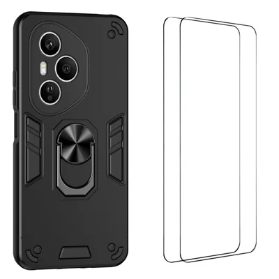 WANLONFENG para Honor 400 Pro 5G (Global) YS Series Funda con Anillo Giratorio 360°, Protectora Antigolpes PC TPU con 2 Unidades Película de Vidrio Templado - Negro