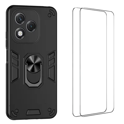 WANLONFENG for Honor 400 Lite 5G YS Series Case Kicktand Shockproof PC TPU Phone Cover with 2Pcs Tempered Glass Film - Black