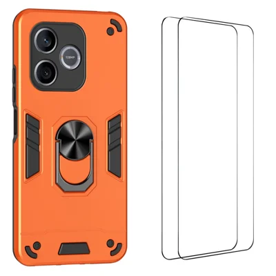 WANLONFENG for Honor 600 Lite 5G YS Series Case Kicktand Shockproof PC TPU Phone Cover with 2Pcs Tempered Glass Film - Orange