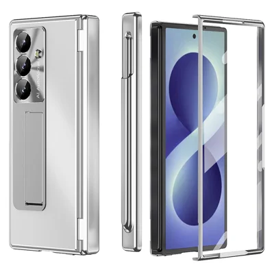Cover per Samsung Galaxy Z Fold8 con Supporto, Cerniera Doppia, Custodia in Lega di Alluminio con Pellicola Frontale in Vetro Temperato / Pennino - Argento
