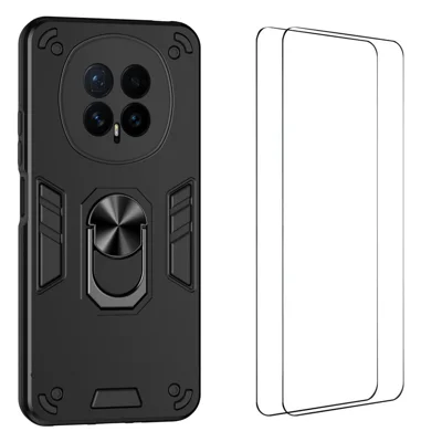 WANLONFENG voor Honor Magic8 5G YS Serie Hoes Kickstand Stootvrij PC TPU Telefoonhoes met 2 Stuk Gehard Glas Film - Zwart