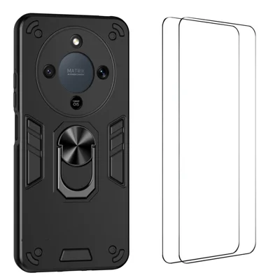 WANLONFENG per Honor X70 5G / Honor X9d 5G / Honor Magic8 Lite 5G Serie YS Custodia con Supporto Anello Rotante 360°, Custodia Antiurto in PC e TPU con 2 Pellicole in Vetro Temperato - Nero