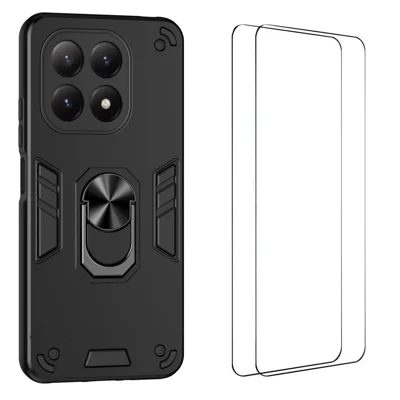 WANLONFENG para Xiaomi 15T YS Serie Funda con Soporte Giratorio 360° Protectora a Prueba de Golpes PC TPU con 2 Unidades de Película de Vidrio Templado - Negro