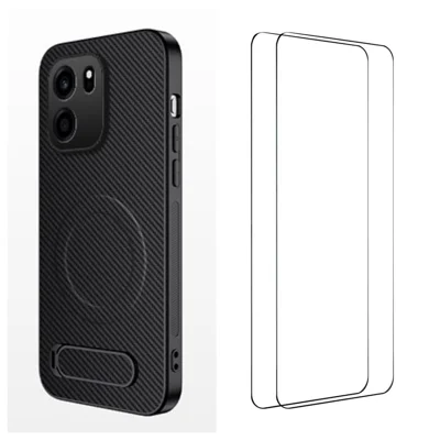WANLONFENG para OnePlus Turbo 6V 5G / OnePlus Nord CE6 5G Serie QT1 Funda Magnética con 2 Unidades de Películas de Vidrio Templado, Soporte Plegable, Textura Fibra de Carbono, Funda de Teléfono PC TPU - Negro