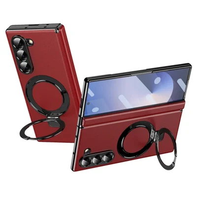 For Samsung Galaxy Z Fold6 5G Magnetic Case with Kickstand PU Leather Coated PC Phone Cover with Tempered Glass Screen Protector - Red