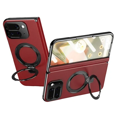 For Google Pixel 10 Pro Fold Magnetic Case with Kickstand PU Leather Coated PC Phone Cover with Tempered Glass Screen Protector - Red