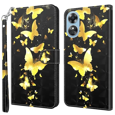 Coque anti-chute pour Oppo A17 4G / A17k 4G en cuir PU élégante avec motif 3D doré papillons, étui rabattable avec support, portefeuille et dragonne