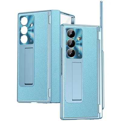 For Samsung Galaxy Z Fold8 Ultra Case Hinge Protection PU + PC Phone Cover with Tempered Glass Film / Stylus - Blue