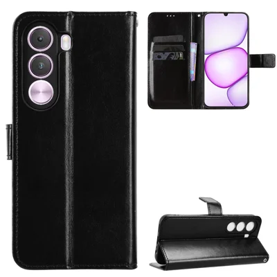 غطاء جلد PU لهاتف Realme C100x 4G / Realme C100i 4G مع حزام وتصميم جلد الحصان المميز - أسود
