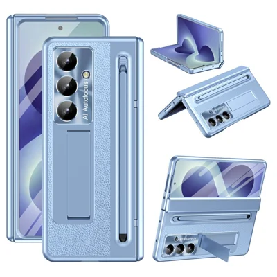 For Samsung Galaxy Z Fold8 Ultra Case Kickstand Leather PC Phone Cover with Tempered Glass Film with Stylus - Blue