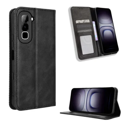 Coque en cuir pour Infinix Hot 70, étui portefeuille avec support, texture rétro - Noir