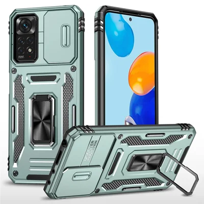 Armor Series for Xiaomi Redmi Note 12 Pro 4G / 11 Pro 4G (MediaTek) / Note 11 Pro 5G (Qualcomm) Slide Camera Protection Case Kickstand PC + TPU Impact-Resistant Cover - Green