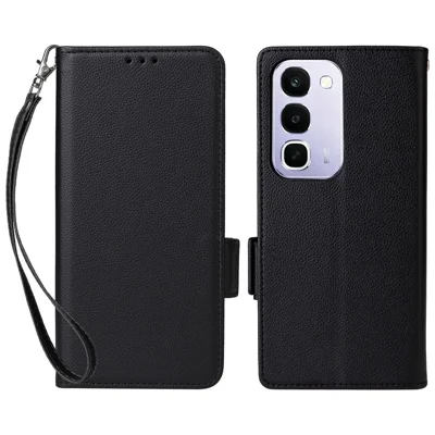 غطاء جوال لـ Realme C100 4G / C100i 4G / C100x 4G بتصميم محفظة من الجلد بنسيج تشبه قشرة الليتشي مع حزام معصم - أسود