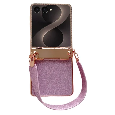 För Samsung Galaxy Z Flip8 Skal Glitter PC Mobilhölse med Härdat Glasfilm / Handloksrem - Rosen