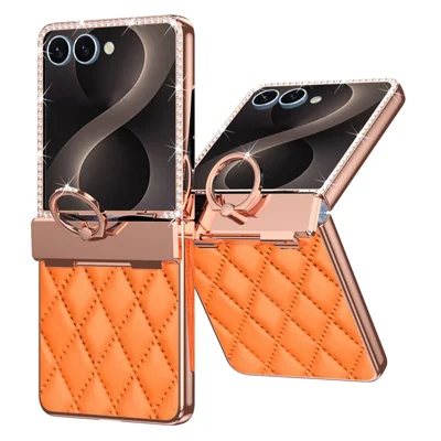 For Samsung Galaxy Z Flip8 Etui med strassdekoration, Læder + PC Rombeformet telefonbeskyttelse med temperskive - Orange