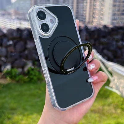 Für iPhone 16 Hülle Drehbarer Ringhalter Ständer TPU + Acryl Stoßfeste Handyhülle - Schwarz