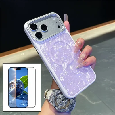 For iPhone 17 Pro Max Magnetic Case Shell Pattern TPU Shockproof Phone Cover with Tempered Glass Screen Protector - Purple