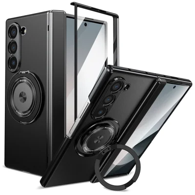 For Samsung Galaxy Z Fold6 5G Magnetic Case Rotating Kickstand Hard PC Hinge Protection Folding Phone Cover with Tempered Glass Film - Black