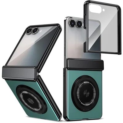Für Samsung Galaxy Z Flip8 Magnetische Hülle Mit Drehbarem Ständer, Harte PC-Schutzhülle Mit Gelenkschutz, Faltbarem Telefongehäuse Mit Gehärtetem Glasfilm - Seeblau