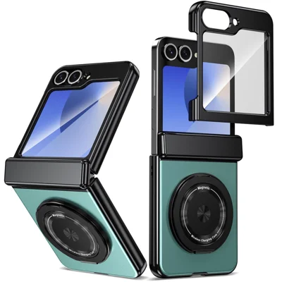 For Samsung Galaxy Z Flip7 FE 5G / Z Flip6 5G Magnetic Case Rotating Kickstand Hard PC Hinge Protection Folding Phone Cover with Tempered Glass Film - Lake Blue
