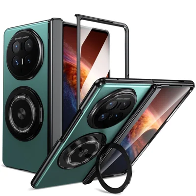 Für Honor Magic V6 5G Magnetische Hülle Drehbarer Ständer Harte PC-Scharnier-Schutz Klapphandytasche mit Gehärtetem Glasfilm - Seeblau