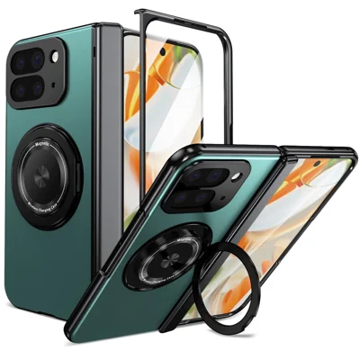 For Google Pixel 10 Pro Fold Magnetic Case Rotating Kickstand Hard PC Hinge Protection Folding Phone Cover with Tempered Glass Film - Lake Blue