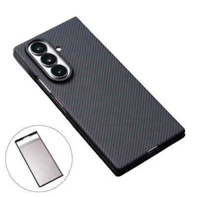 Étui magnétique pour Samsung Galaxy Z Fold8 avec motif en fibre de carbone, coque en PC avec film en verre trempé - Noir