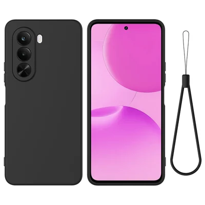 غطاء سيليكون سائل لهاتف Realme P4x 5G / OnePlus Nord CE6 Lite 5G مع حزام يد - أسود