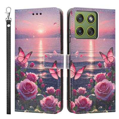 För Motorola Moto G37 Power 5G / Motorola Moto G47 5G / Motorola Moto G37 5G Skal med mönstertryck i PU-läder Vipplås Plånbokshölse med handledsband - Rosett Fjäril