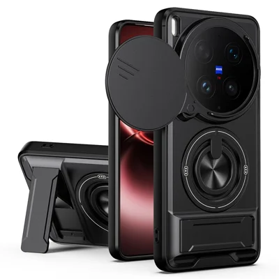 For vivo X300 Ultra 5G Magnetic Case Ring Holder Foldable Kickstand TPU PC Phone Cover with Camera Lens Slider - Black