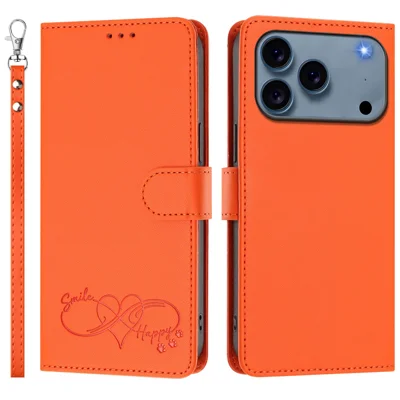 Coque pour iPhone 17 Pro Max en cuir PU avec motif cœur, portefeuille à rabat et dragonne - Orange